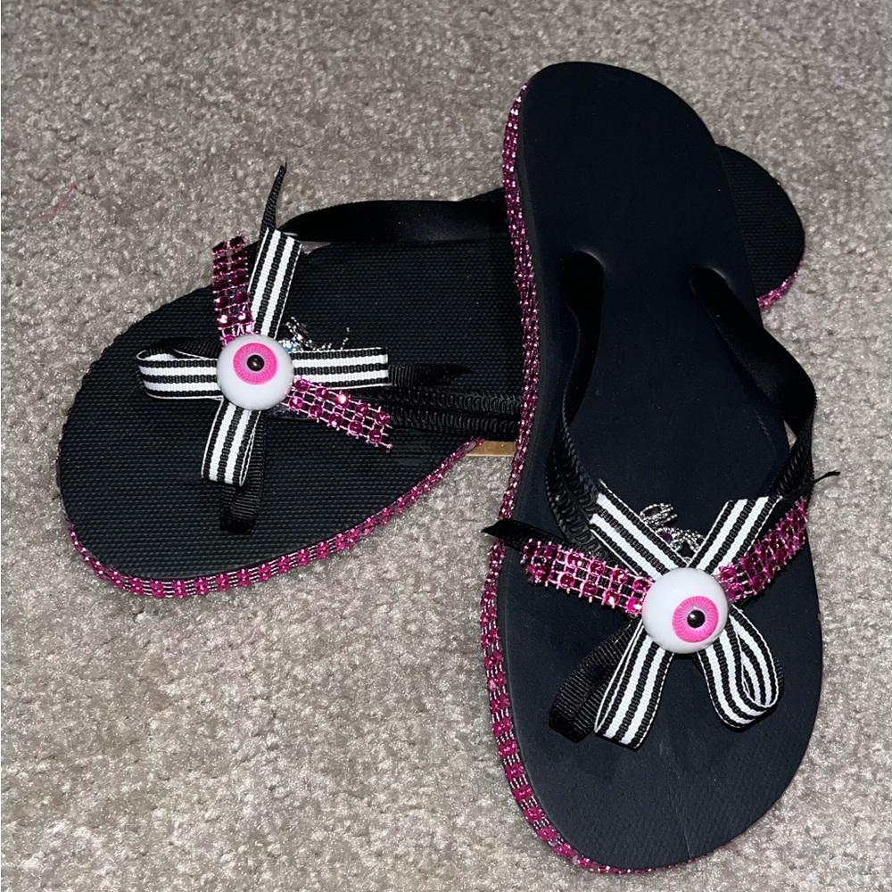 I See You- Custom made Black and Pink Beaded Flip Flops with Bow